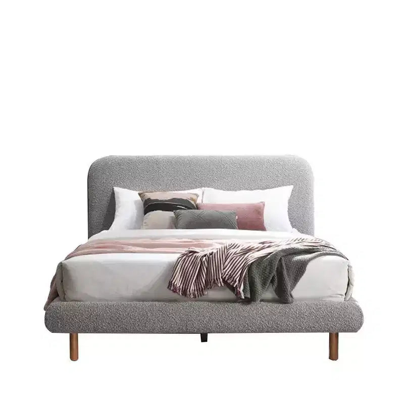 Cama tamaño King oriental de bouclé gris - Cabecero curvo, imitación de piel de oveja, para 1 persona