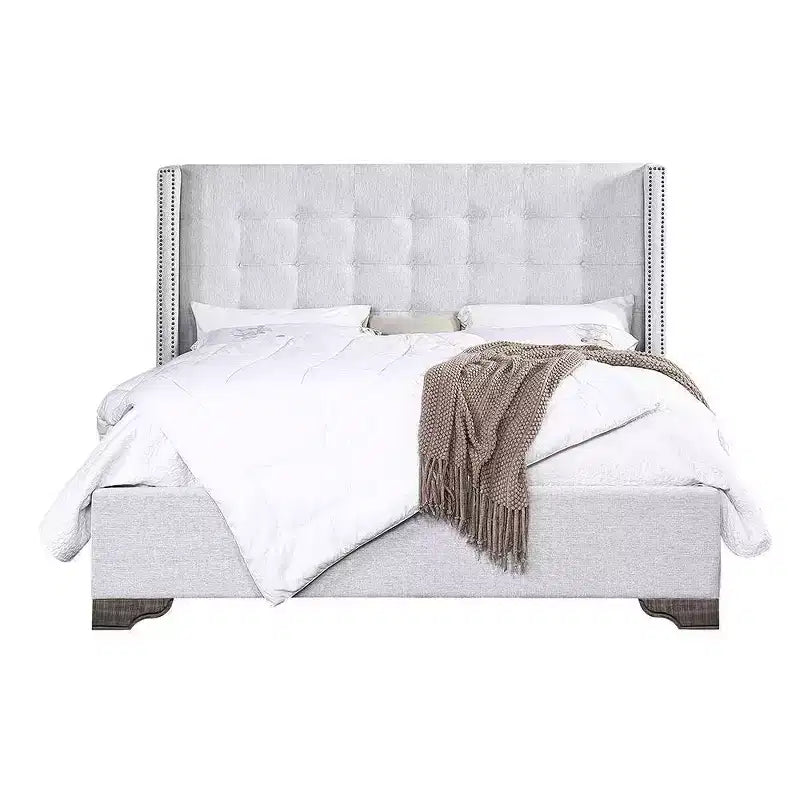 Cama Queen de piel sintética con diseño de cabecero con alas, 1 persona – Marrón
