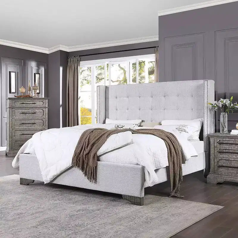 Cama Queen de piel sintética con diseño de cabecero con alas, 1 persona – Marrón