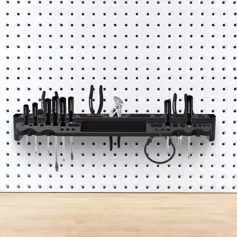 Estante organizador de herramientas negro para montaje en pared, 61 ranuras + 4 ganchos + 2 compartimentos
