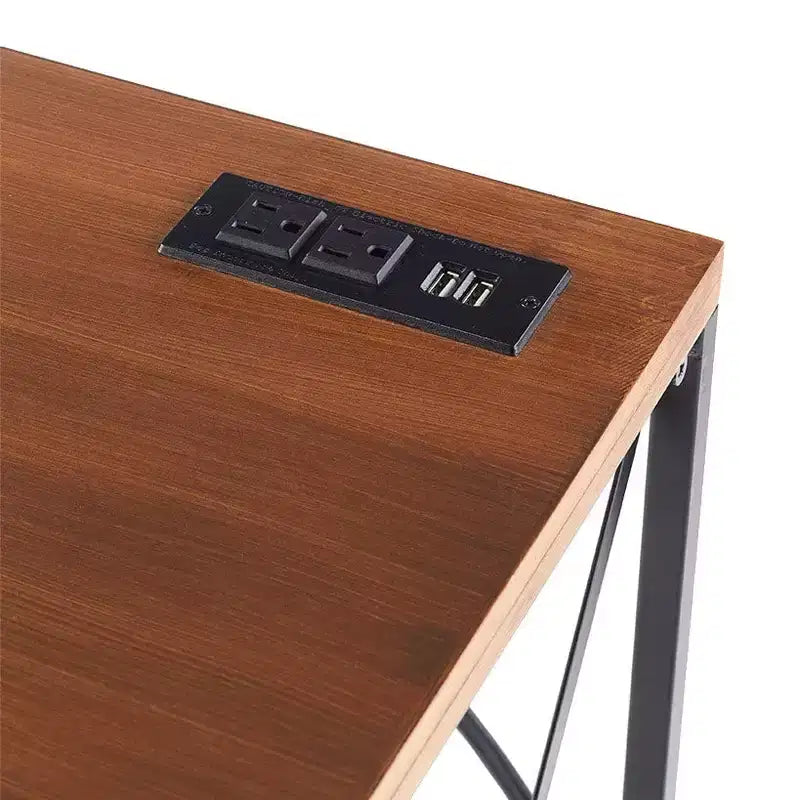 Escritorio industrial marrón y negro con toma de corriente y puerto USB, 1 persona