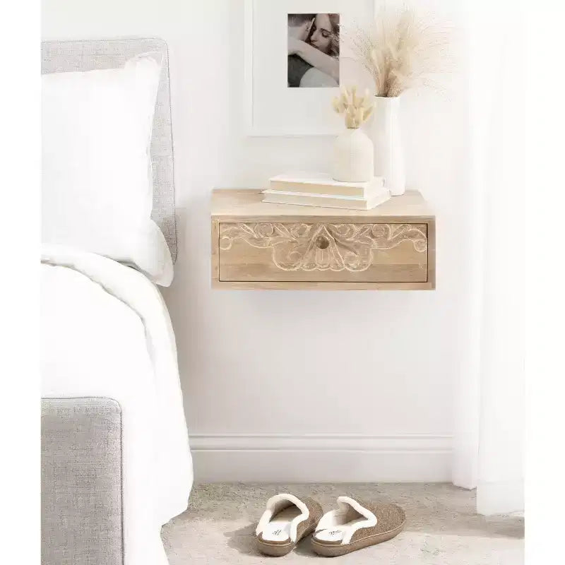 Mesa auxiliar flotante marrón natural con cajón tallado, madera maciza, 1 persona