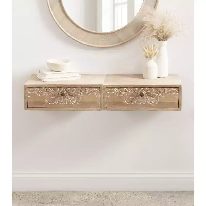 Mesa auxiliar flotante marrón natural con cajón tallado, madera maciza, 1 persona