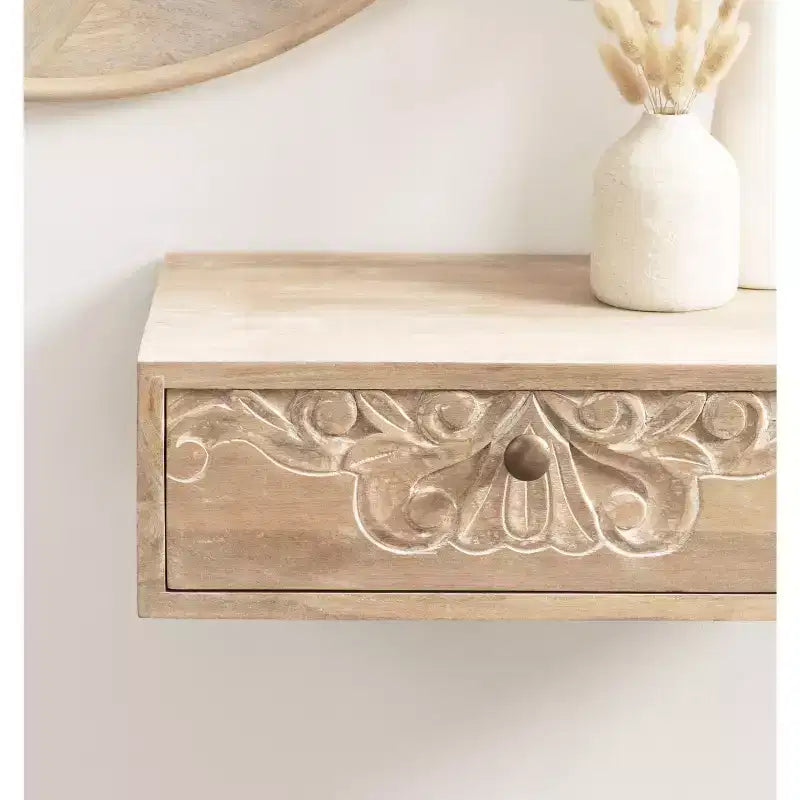 Mesa auxiliar flotante marrón natural con cajón tallado, madera maciza, 1 persona