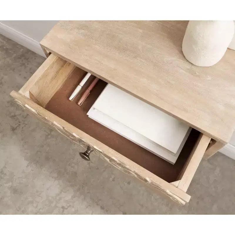 Mesa auxiliar flotante marrón natural con cajón tallado, madera maciza, 1 persona