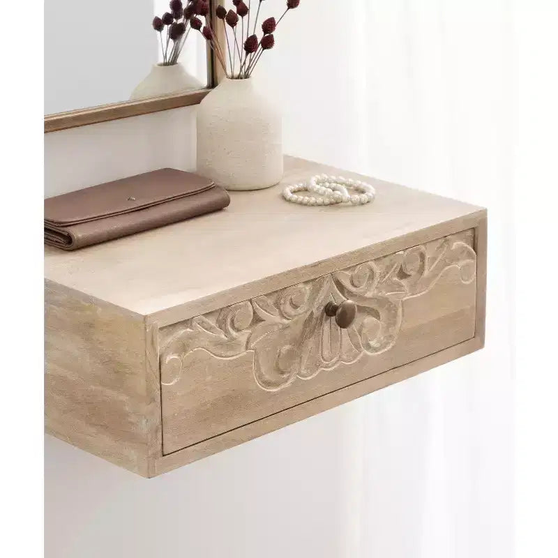 Mesa auxiliar flotante marrón natural con cajón tallado, madera maciza, 1 persona