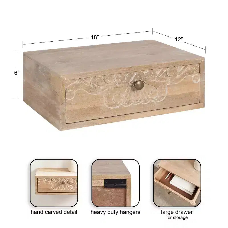 Mesa auxiliar flotante marrón natural con cajón tallado, madera maciza, 1 persona