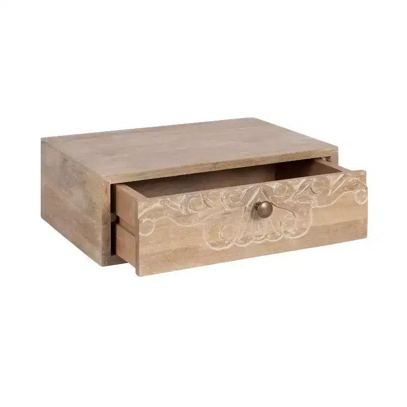 Mesa auxiliar flotante marrón natural con cajón tallado, madera maciza, 1 persona