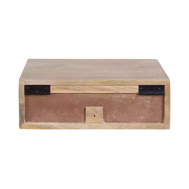Mesa auxiliar flotante marrón natural con cajón tallado, madera maciza, 1 persona