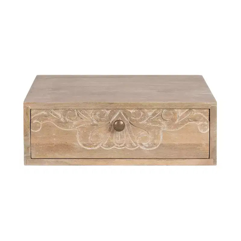 Mesa auxiliar flotante marrón natural con cajón tallado, madera maciza, 1 persona
