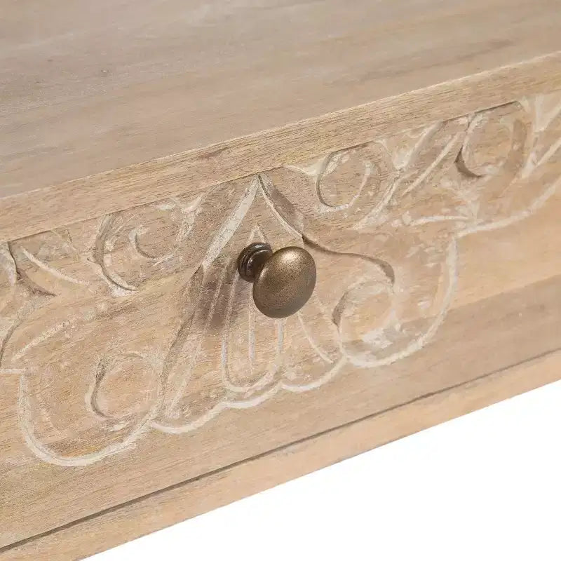 Mesa auxiliar flotante marrón natural con cajón tallado, madera maciza, 1 persona