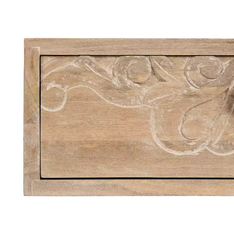 Mesa auxiliar flotante marrón natural con cajón tallado, madera maciza, 1 persona