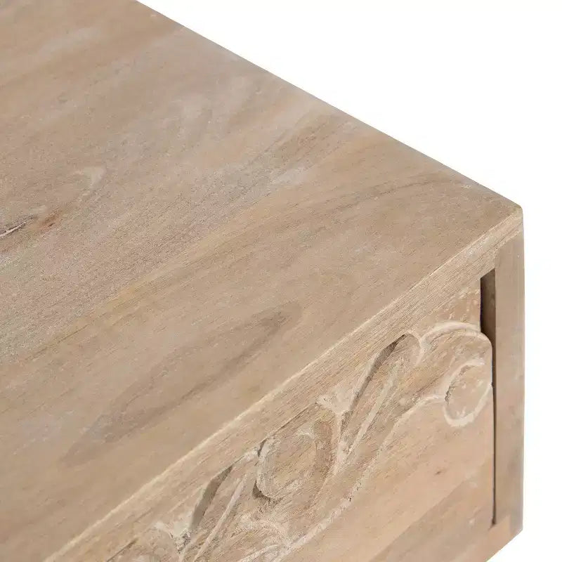 Mesa auxiliar flotante marrón natural con cajón tallado, madera maciza, 1 persona