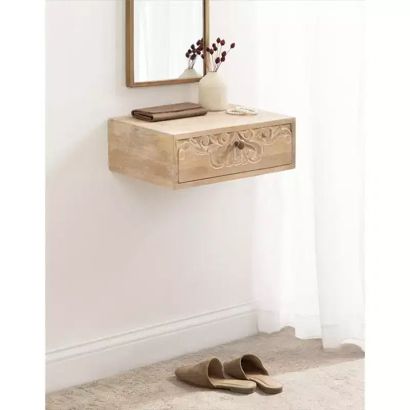 Mesa auxiliar flotante marrón natural con cajón tallado, madera maciza, 1 persona