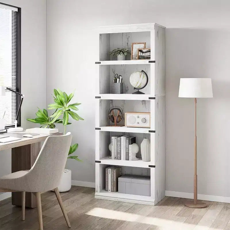 Estantería rústica de 5 niveles, estante de exhibición abierto – Marrón / Gris / Blanco