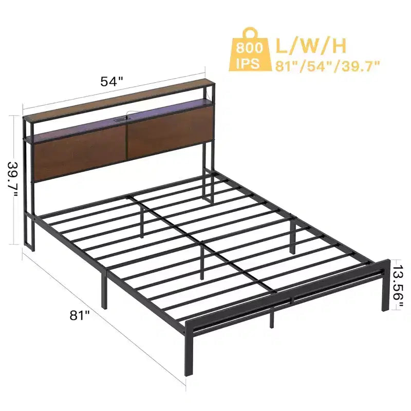 Base de cama de plataforma metálica negra con cabecera LED y almacenamiento - Para 2 adultos