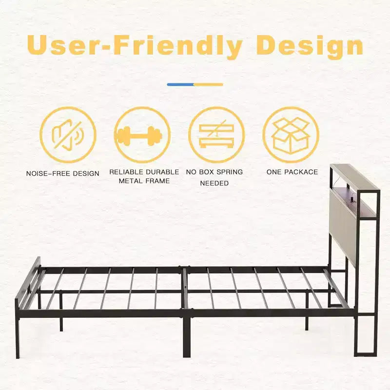 Base de cama de plataforma metálica negra con cabecera LED y almacenamiento - Para 2 adultos
