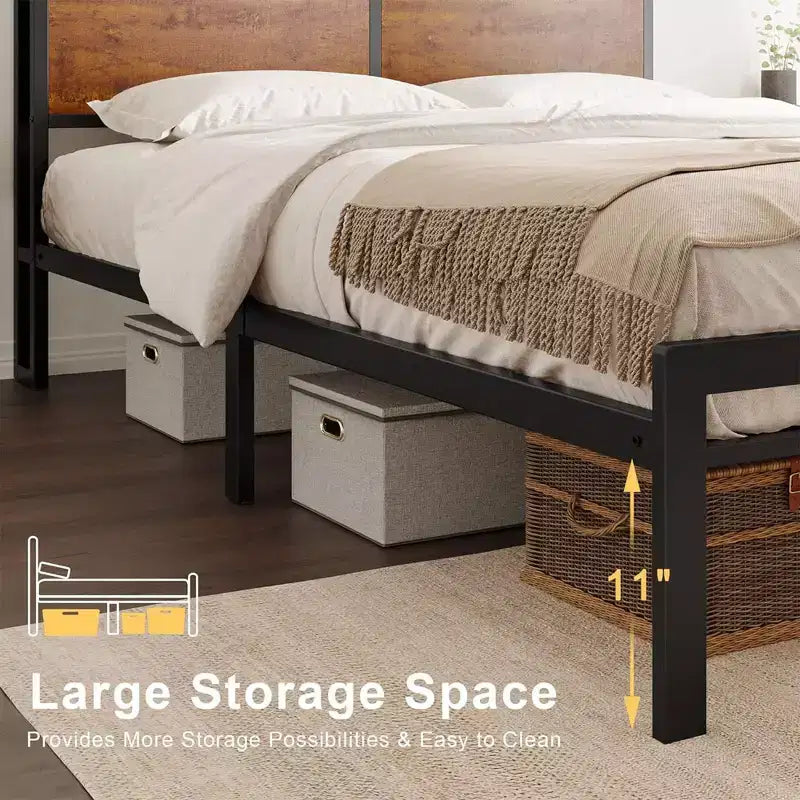 Base de cama de plataforma metálica negra con cabecera LED y almacenamiento - Para 2 adultos