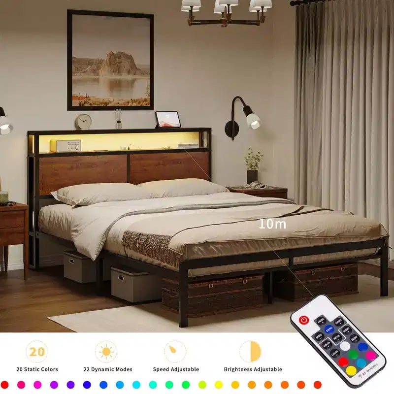 Base de cama de plataforma metálica negra con cabecera LED y almacenamiento - Para 2 adultos