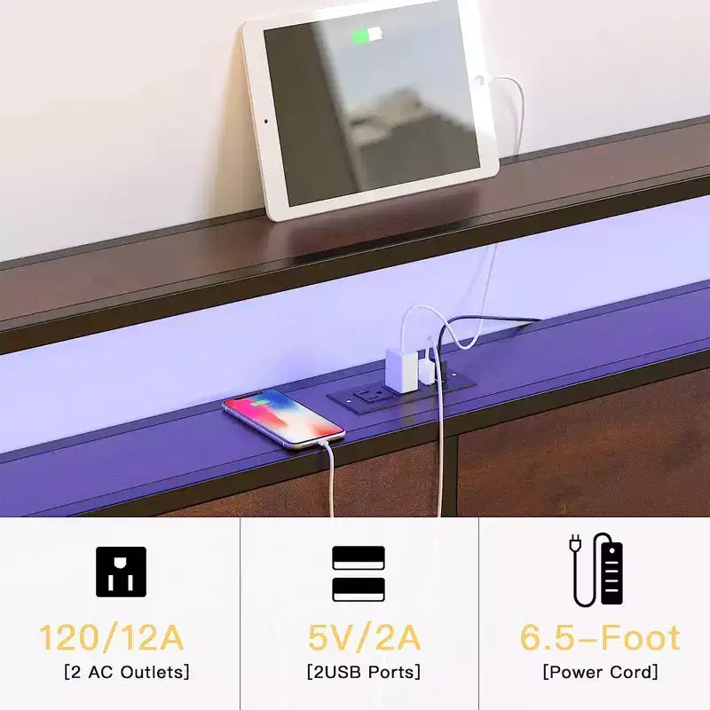 Base de cama de plataforma metálica negra con cabecera LED y almacenamiento - Para 2 adultos