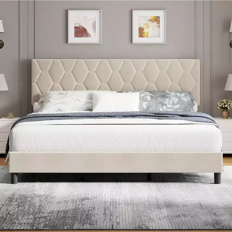 Twin/Full/Queen/King Bed Frame Upholstered Platform with Headboard and Strong Wooden Slats