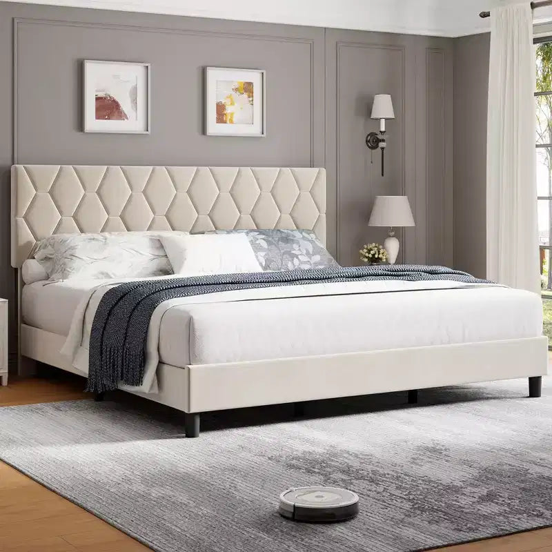 Cama Plataforma Gris Diamond Headboard, King, Capacidad 2 personas