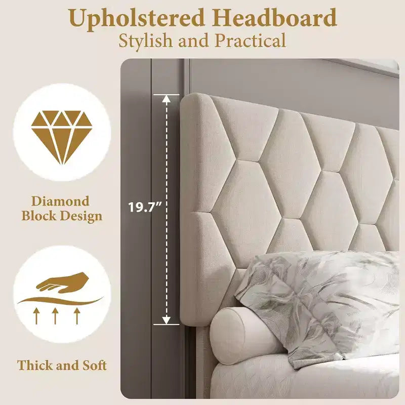 Cama Plataforma Gris Diamond Headboard, King, Capacidad 2 personas