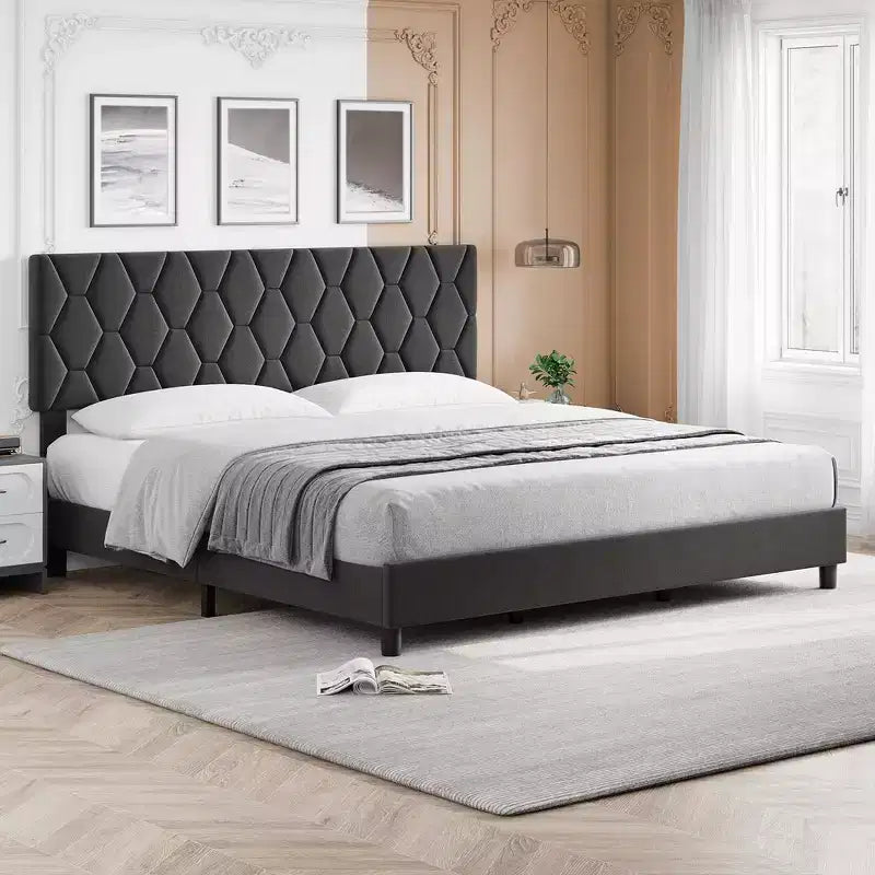 Cama Plataforma Gris Diamond Headboard, King, Capacidad 2 personas