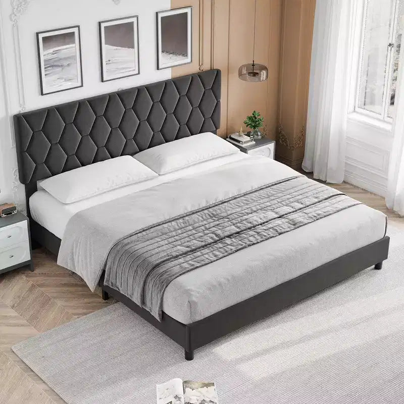 Cama Plataforma Gris Diamond Headboard, King, Capacidad 2 personas