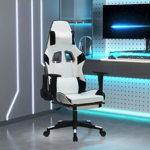 Silla de juego de piel sintética en blanco y negro con reposapiés, giratoria 360°, 1 asiento