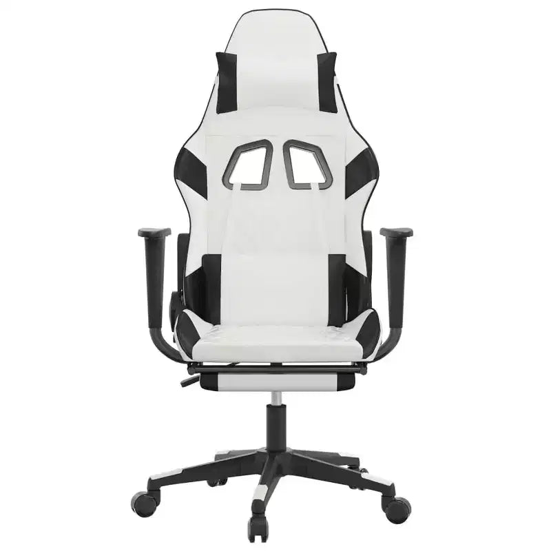 Silla de juego de piel sintética en blanco y negro con reposapiés, giratoria 360°, 1 asiento