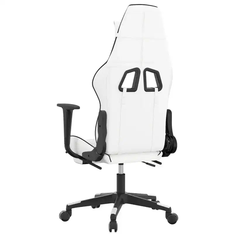 Silla de juego de piel sintética en blanco y negro con reposapiés, giratoria 360°, 1 asiento