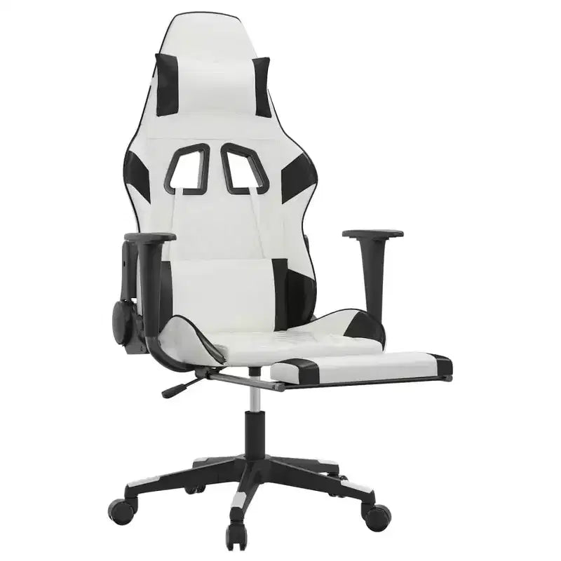 Silla de juego de piel sintética en blanco y negro con reposapiés, giratoria 360°, 1 asiento
