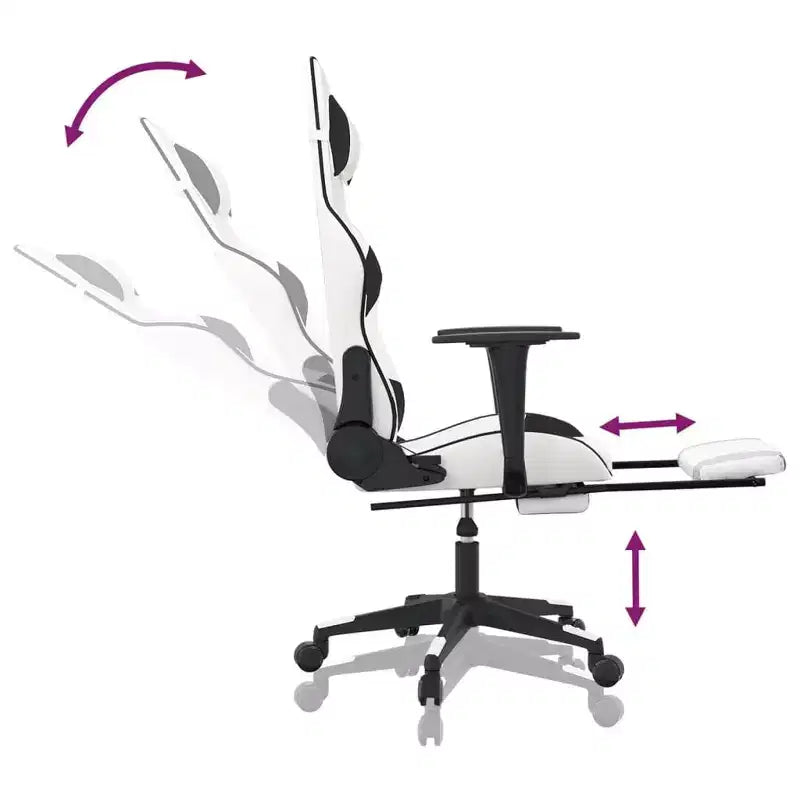 Silla de juego de piel sintética en blanco y negro con reposapiés, giratoria 360°, 1 asiento