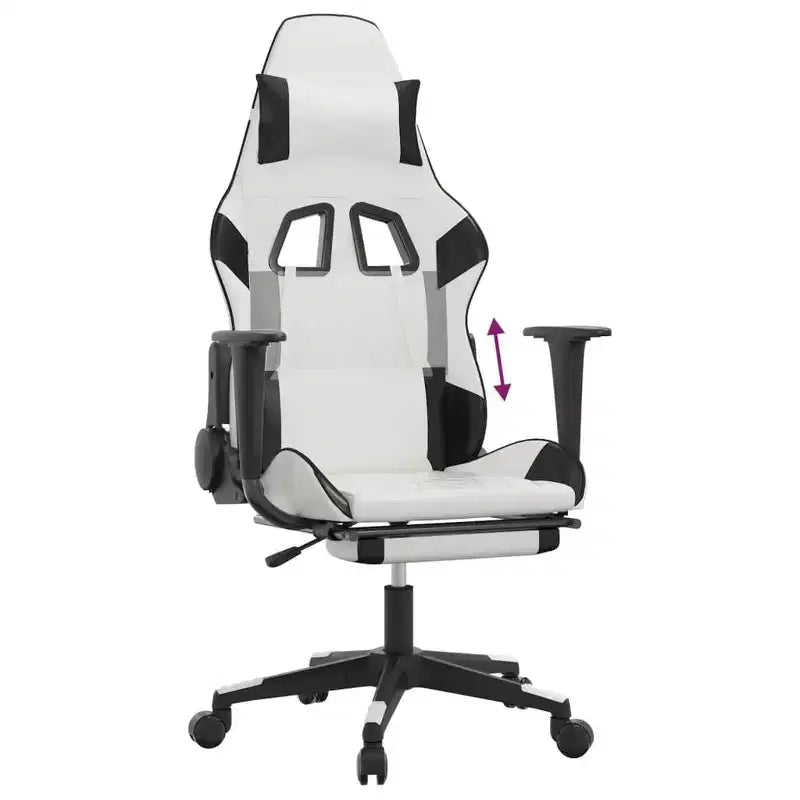 Silla de juego de piel sintética en blanco y negro con reposapiés, giratoria 360°, 1 asiento