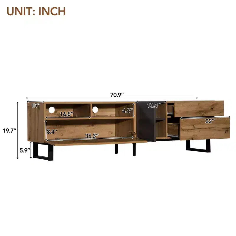 Mueble de TV de perfil bajo con acabado en madera para televisores de hasta 80", montaje por 1 persona