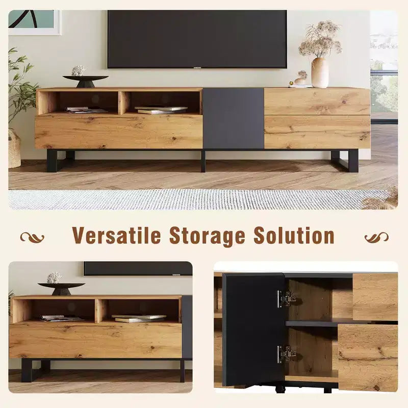Mueble de TV de perfil bajo con acabado en madera para televisores de hasta 80", montaje por 1 persona