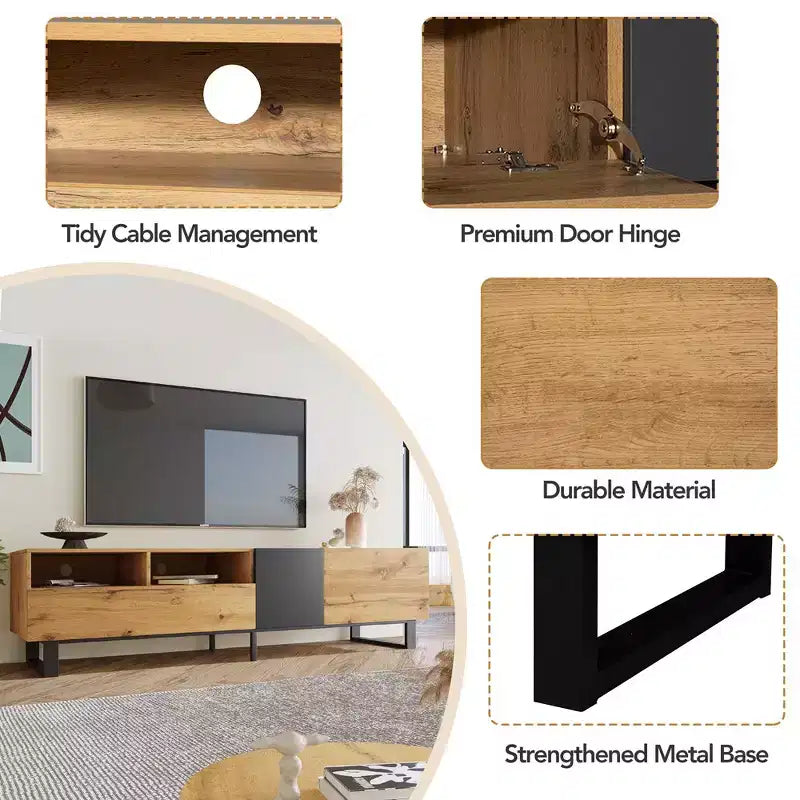 Mueble de TV de perfil bajo con acabado en madera para televisores de hasta 80", montaje por 1 persona